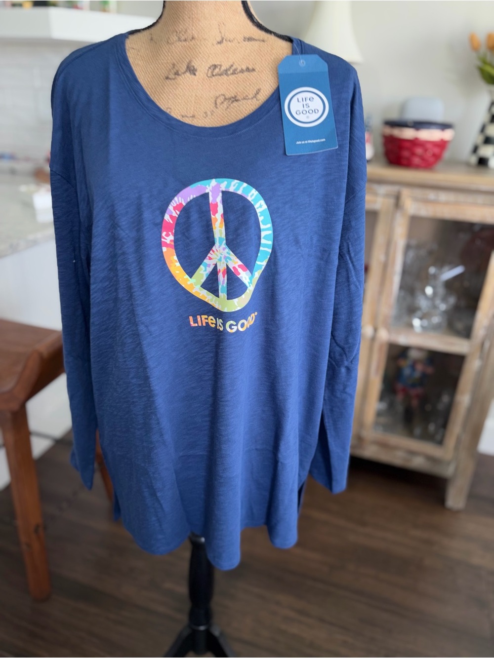 Life Is Good Navy Long Sleeve Tee with Multicolor Peace Sign